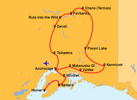 Mapa de la ruta por Alaska