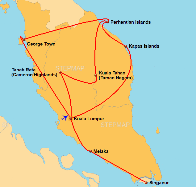 Mapa de la ruta por Malasia