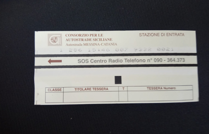 Ticket de una autopista de Sicilia (Italia)