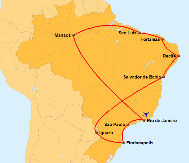 Mapa de la ruta por Brasil