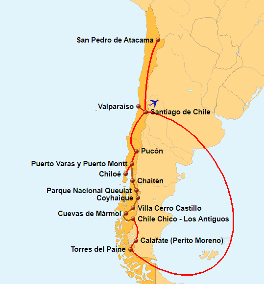 Mapa de la ruta por Chile