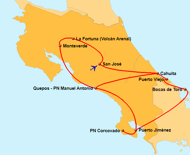 Mapa de la ruta por Costa Rica