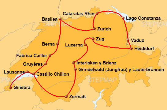 Mapa de la ruta de 10 - 15 días por Suiza